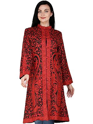 Black and Red Kashmiri Long Jacket with All-Over Hand-Embroidered Paisleys