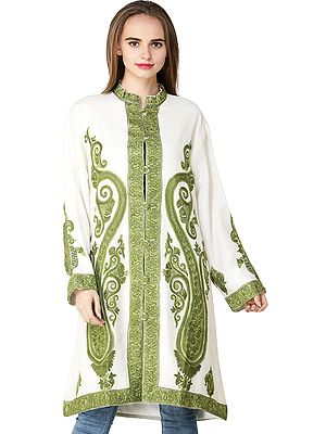 Follage Green Kashmiri Long Jacket with Aari-Embroidered Flowers and Paisleys