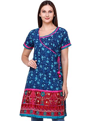 Design Blue Printed Kurti with Floral Embroidery on Bottom