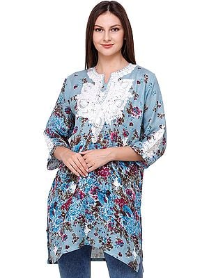 Cameo-Blue Floral Printed Kurti from Kashmir with Aari-Embroidery on Neck