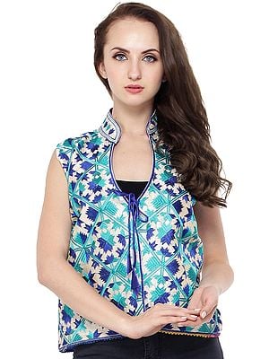 Amparo Blue Phulkari Short Waistcoat from Punjab with  Floral Embroidery
