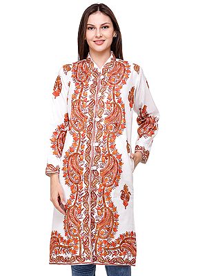 Bright-White Long Jacket from Amritsar with Aari-Embroidered Paisleys