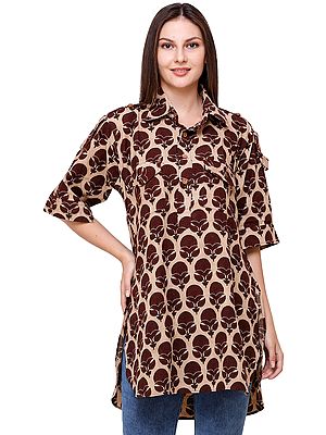 Taos-Taupe Summer Tunic Pilkhuwa Shirt with Floral Print
