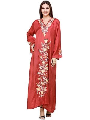 Hibiscus-Red Phiran from Kashmir with Aari-Embroidered Lotus Flowers
