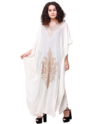 Cream Cashmere Kaftan from Kashmir with Aari Embroidered Paisley