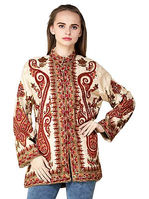 Frosted-Almond Short Jacket from Srinagar with Aari Hand-Embroidered Flowers and Paisleys