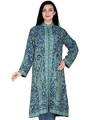 Victoria-Blue Kashmiri Long Jacket with All-Over Hand-Embroidered Paisleys