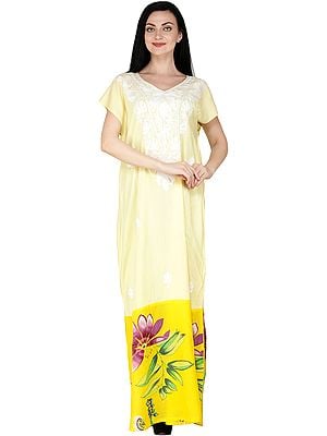 Pale-Banana Long Gown from Kashmir with Aari Embroidery and Printed Flowers