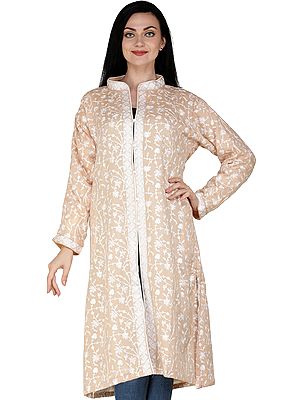 Rugby-Tan Kashmiri Long Jacket with All-Over Hand-Embroidered Fllowers