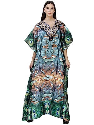 Milky-Blue Long Kaftan with Digital-Printed Peacock Feathers and Embellished Crystals