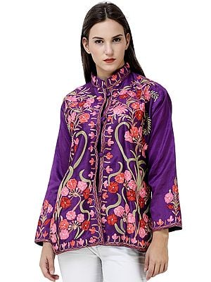 Short Kashmiri Jacket with Aari-Embroidered Multicolor Flowers
