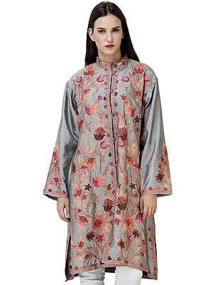 Mint-Gray Kashmiri Long Jacket with Aari-Embroidered Tulips