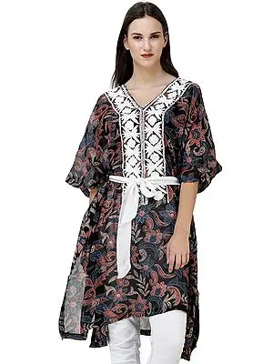 Midnight-Black Floral Printed Short Kaftan from Kashmir with Embroidery on Neck and Waist Sash