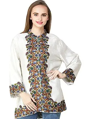 Snow-White Short Kashmiri Jacket from Kashmir with Hand-Embroidered Multicolor Flowers