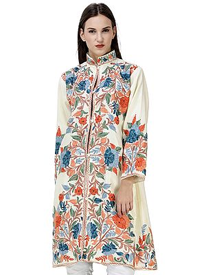 Cream Long Kashmiri Jacket with Embroidered Flowers