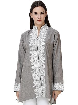 Paloma-Gray Short Kashmiri Jacket with Floral Embroidery