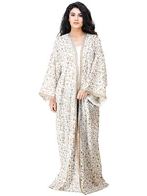 Cream Long Shrug from Kashmir with Embroidered Floral Vines All-Over