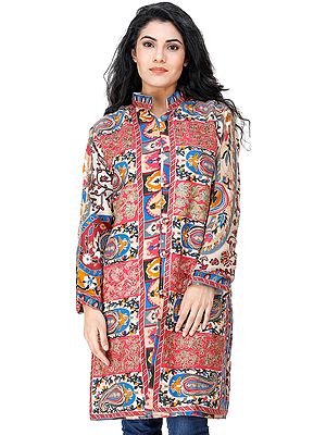 Honeysuckle Long Printed Kani Jacket from Amritsar with Aari Embroidery