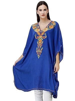 Imperial-Blue Short Kaftan from Kashmir with Embroidered Flowers on Neck