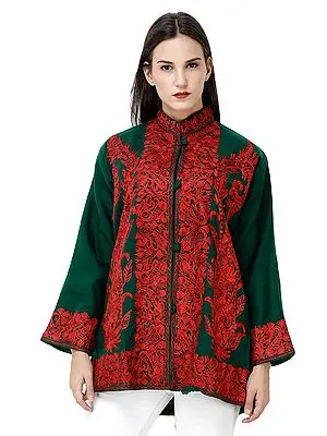 Trekking-Green Short Jacket from Kashmir with Embroidered Paisleys