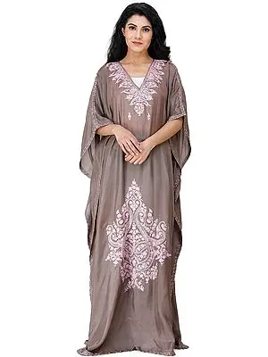 Taupe-Gray Long Kaftan from Kashmir with Embroidered Flowers and Paisleys