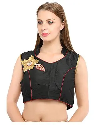 Caviar-Black Designer Choli with Zari-Embroidered Flower Patch with Studded Crystals and Mirror
