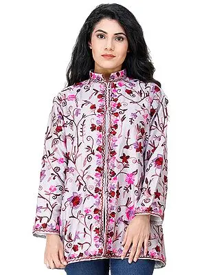 Orchid-Hush Short Jacket from Kashmir with Embroidered Flowers All-Over