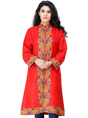Flame-Scarlet Long Jacket from Kashmir with Chain-stitch Hand-Embroidered Multi-colored Flowers
