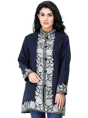 Baritone-Blue Short Jacket from Kashmir with Chain Stitch Embroidered Silver Flowers