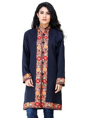 Baritone-Blue Long Jacket from Kashmir with Chain Stitch Embroidered Multi-colored Flowers