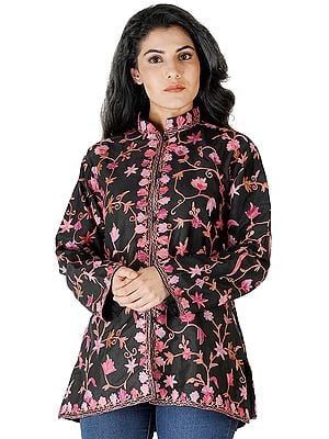 Jet-Black Short Jacket from Kashmir with Chain Stitch Embroidered Flowers All-Over