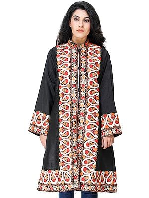 Caviar-Black Long Jacket from Kashmir with Chain Stitch Embroidered Multi-colored Paisleys