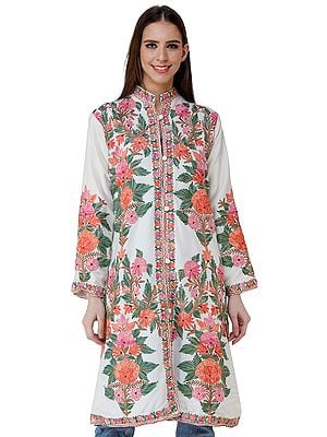 Long Jacket from Kashmir with Chain stitch Embroidered Pastel Flowers All-Over