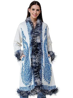 Long Coat from Kashmir with Faux-Fur and Chain-stitch Embroidered Paisleys and  Flowers