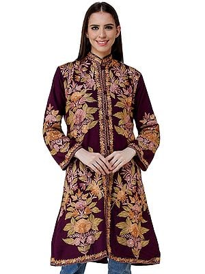 Grape-Wine Long Jacket from Kashmir with Chain stitch Embroidered Flowers