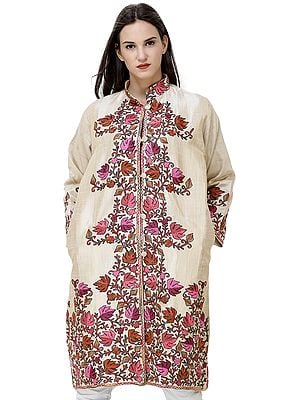 Pearled-Ivory Long Silk Jacket from Kashmir with Chain stitch Embroidered Chinar Leaves
