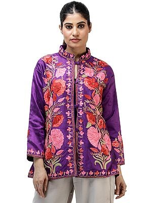 Royal-Purple Silk Jacket from Kashmir with Chain-stitch Embroidered Big Flowers