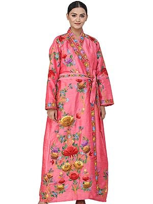 Kashmiri Robe with Aari Embroidered  Multicolored Flowers