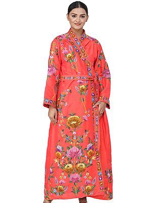 Kashmiri Robe with Aari Embroidered Multicolored Flowers
