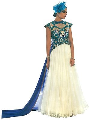 Ivory Embroidered Long Suit  with Zari Gota-Patti and Blue Dupatta