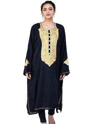 Black Phiran from Kashmir with Zari Embroidery on Neck and Borders