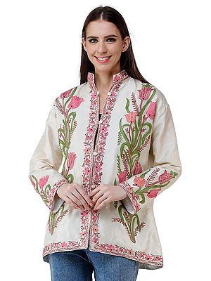 White-Swan Silk Jacket from Kashmir with Vibrant Chain-stitch Embroidered Tulips