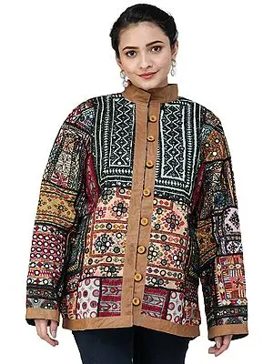 Multicolored Jacket from Kutch with Hand-Embroidered Patchworks and Leather Trims