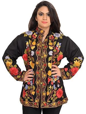 Phantom-Black Jacket from Kashmir with Chain Stitch Embroidered Multi-colored Flowers