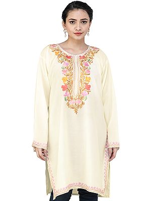 Ivory Short Phiran from Kashmir with Embroidered Flowers