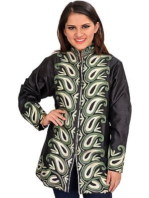 Black and Olive Kashmiri Silk Jacket with Aari-Embroidered Paisleys