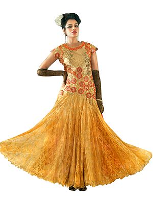 Frosted-Almond Embroidered Long Suit with Zari Gota-Patti and Orange Dupatta