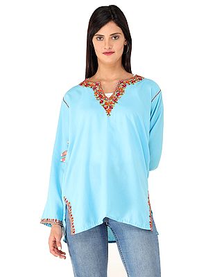 Short Cotton Kurti from Kashmir with Embroidered Flowers