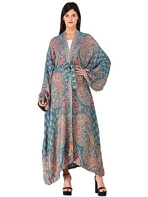 Crystal-Teal Reversible Jamawar Robe with Floral and Paisley Motifs
