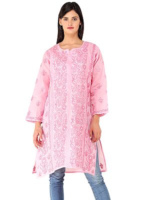 Long Kurta Top/Kameez  from Lucknow with Chikan Hand-Embroidery